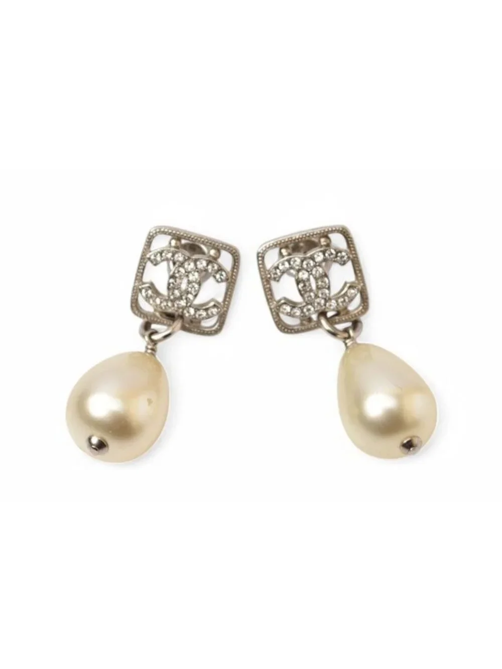Chanel CC Motif Coco Mark Rhinestone Swing Pearl Silver White